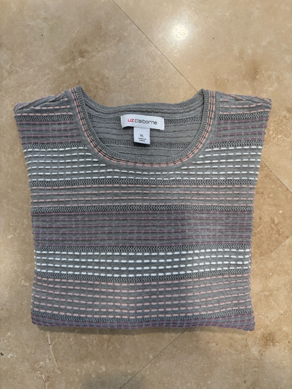 Liz Claiborne Gray Sweater Shirt with Pink & White Stripes